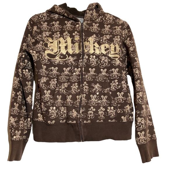 Walt Disney World Full Zip Hoodie Mickey Mouse Print Hood Brown Foil Medium - Picture 1 of 4